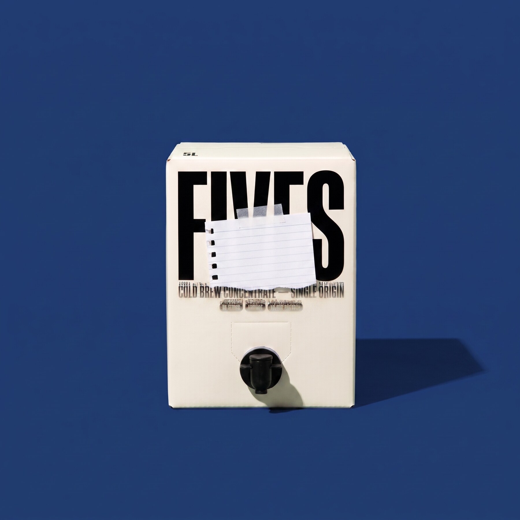 A FIVES box with a blank note taped to the front