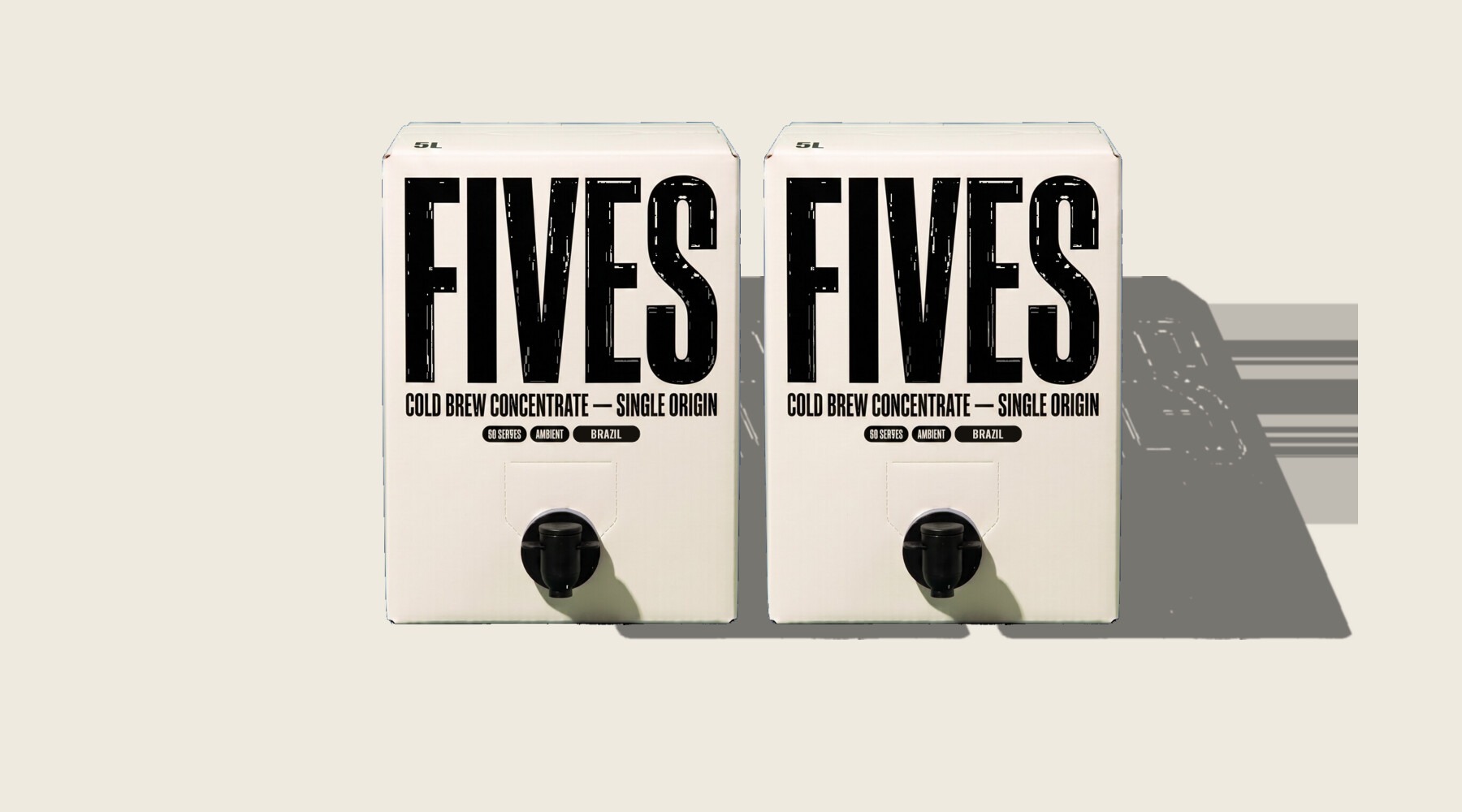 Two FIVES boxes side by side on an off-white background